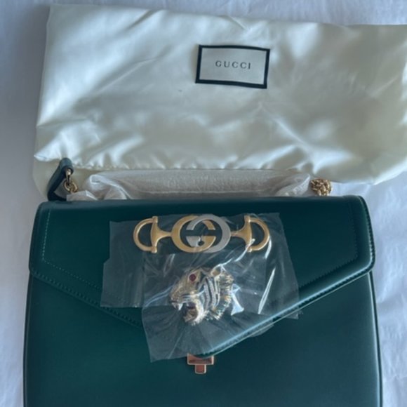 Gucci Rajah Chain Shoulder Bag Leather Medium Gold Dark Green Handbag Vitello NW - Picture 5 of 16